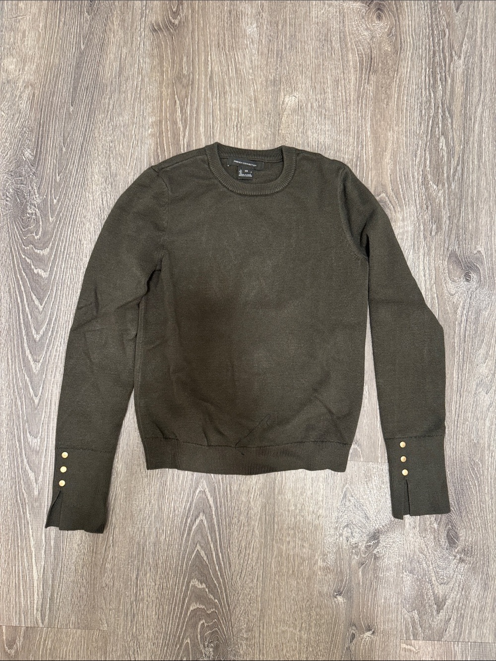 French Connection Olive Green Crewneck Sweater with Ribbed Trim